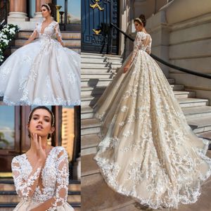 Dresses Long Sleeve Plunging Neckline Lace Applique Crystal Design Bridal Gowns Court Train Modest Wedding Dress