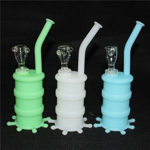 Neue fluoreszierende leichte Silikon-Wasserpfeife Glasbongs Bohrinseln Glasbong 8,26 Zoll Höhe mit 14,4 mm Gelenk Silikon-Trommel-Shisha