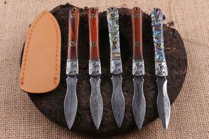 2 stil ren handgjord damaskus stål fast blad te kniv hårdhet 59hrc trä / skalhandtag EDC fickknivar