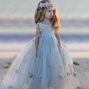 Lovely Baby Blue Princess High Low Girls Dresses Spaghetti Strap Hand Flower First Communion Gown Tulle Pageant Dress For Children 326 326