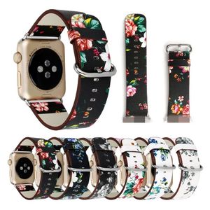 Black White Floral Printed Leather Watchbands Straps for Apple Watch 40mm 44mm 38mm 42mm Flower Design Wrist Watchband Bracelet Fit iwatch series 6 SE 5 4 3 2 1