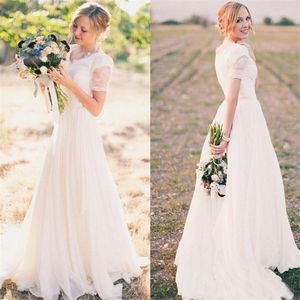 A Line Short Sleeves V Neck Modest Bohemian Bridal Gowns Popular Country Boho Lace Chiffon Wedding Dresses