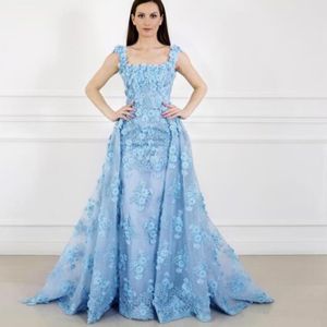 Light Blue Floral Prom Sukienka z nadmiarowymi spódnicami Lace Aplikacja Bez Rękawów Tulle Długie Suknie Wieczorowe Wspaniały Kwadratowy Dekolt Specjalny Dress