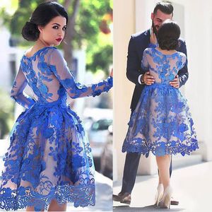 Amazing Tulle Jewel Neckline A-line Homecoming Dresses With Lace Appliques Blue Long Sleeves Cocktail Dresses formal dresses