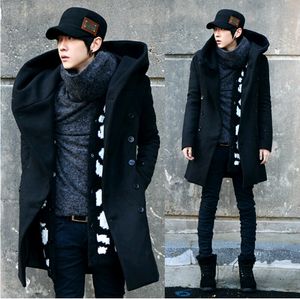 Wholesale-男性オーバーコート、グレーブラックネイビーブルー2016ファッション安いメンズピーコートフードダブルブレストロングウールトレンチコート