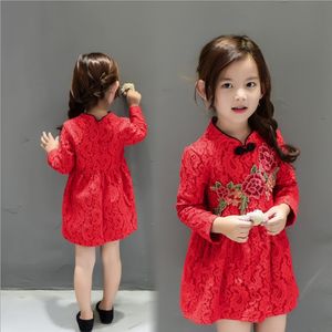Kinesisk stil tjej klänning nyår baby tjejer kläder söt röd broderi klänning barn blommig prinsessa klänning barn kläder högsta kvalitet