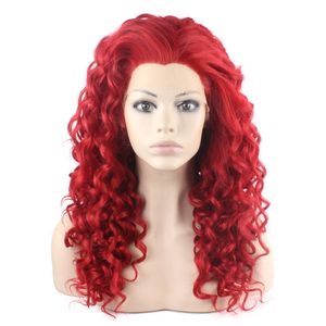 Lång lockig handbunden syntetisk spetsfront röd cosplay peruk