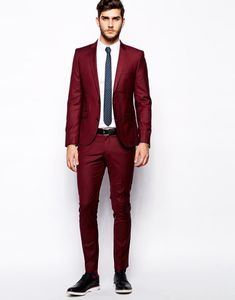Kostym Homme Custom Slim Fit Red Notched Lapel Men Blazers Två Knapp Företagsdräkt Män Bröllop Suits Groom Best Man Suit