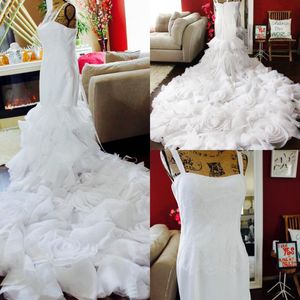 Luxury 2017 New Arrival White Organza Mermaid Rose Rosette Ruffles Cathedral Train Wedding Dresses Modest Spaghetti Lace Bridal Gown EN4171