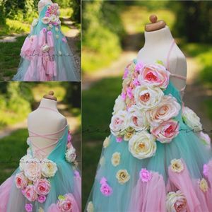 Renkli El Yapımı Çiçek Kız Pageant Törenlerinde Halter İmparatorluğu Lace Up Tül Çiçek Kız Elbise Düğün İçin Bebek Doğum Günü Partisi Elbise