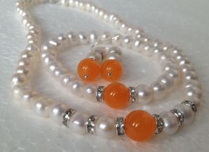 Real Белого Akoya культивированный жемчуг / оранжевый нефрит браслеты ожерелья серьги набор / A06