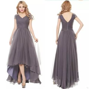 Grigio elegante scollo a V chiffon abito da sera A-line manica corta in rilievo alto basso tulle Prom vestito abbigliamento formale