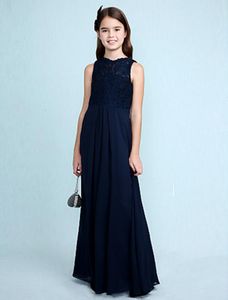 네이비 블루 칼럼 좋은 품질 사용자 정의 만든 보석 천연 시폰 레이스 바닥 길이와 유방 신부 들러리 드레스