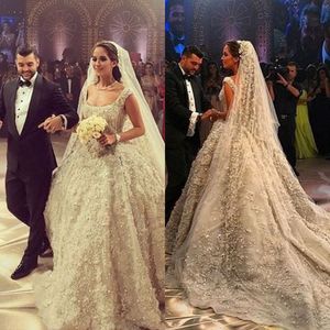 Sparkling Luxurious Dubai Wedding Dress Square Neckline Beaded Sequins Applique Organza Bridal Dresses Charming Princess Wedding Gowns