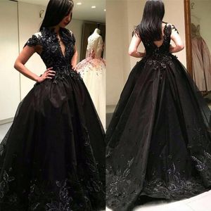 Black Lace Ball Gown Applique Prom Klänningar Beaded Plus Size Evening Gowns Sexig Back Party Dress