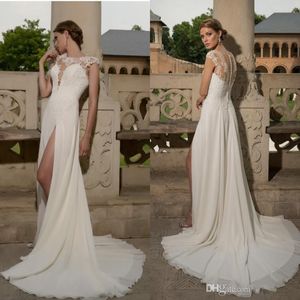 2019 Neues Strand-Chiffon-preiswertes Hochzeitskleid-Qualitäts-A-Linie schiere Spitze-Knöpfe-langes Brautkleid plus Größen-nach Maß Vestido De Noiva
