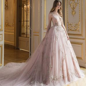 Elegant Blush Pink Evening Dress With Applique Deep V-Neck Sleeveless Tulle Long Formal Evening Gowns Charming See Through Red Carpet Dress