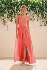 2017コーラルビーチブライドメイドのドレスシフォン長いラインビーズスパゲッティストラップクリスタルスプリットパウレンドレスのドレス