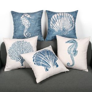 Kissenbezug im mediterranen Stil, blaues Meer, Dekokissenbezug, dekorative Koralle, Almofada-Stranddekor, Muschel-Cojines