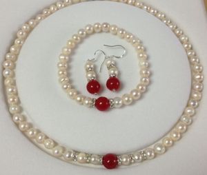 F mm Real Natural White Pearl Red Ruby Necklace Bracelet Earrings Jewelry Set