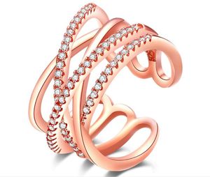 Vacker Princess Smycken Plating Rose Gold Platinum Shine Crystal Diamond Ring Zircon öppnar lyxig vigselring