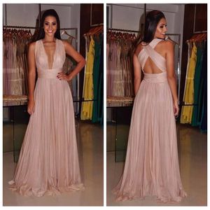 Charming Pink Deep Vneck Sexy Prom Kleider 2018 Cross Back eine Linie Langer Abend Kleidung billige Partykleider7060211
