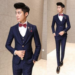 Blazers Prom Men Suit With Pants Red Floral Jacquard Wedding garnitury dla mężczyzn 3 sztuki / zestaw (kurtka+kamizelka+spodnie) Koreańska sukienka Slim Fit