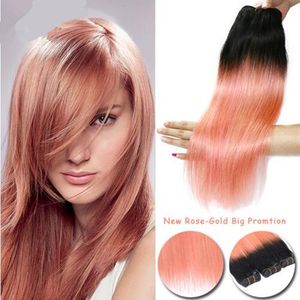 Ombre Extensions Różowe Złoto Z Dark Korzenie Brazylijski Prosty Dziewiczy Włosy 3szt Miękki Brazylijski Ombre Rose Gold Różowy Splot