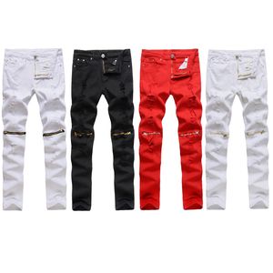 Jeans Wholesale Men Hole Jeans Special Red Biker Fashion Zipper Design Pencil Pants Ripped Denim Jeans Night Club Casual Slim Skinny