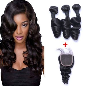Brazilian Loose Wave Human Remy Hair Weaves With 4x4 Lace Closure Bleached Knots 100g/pc Natural Color Double Wefts Hair Extensions