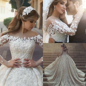 Beach Wedding Dress Lace Applique Ball Gown Wedding Dress Beaded Illusion Plus Size Long Sleeve Gowns