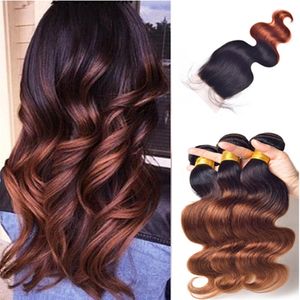 New Arrive Hot Color Two Tone #1b 33 Brown Ombre Hair With Closure Honey Blonde Hair With Ombre Lace Closure 4*4 Top Clousure