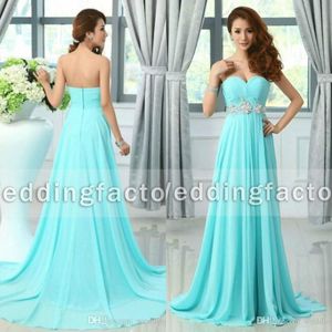 Stunning Teal Chiffon Bridesmaid Dresses Light Blue A-Line Sweetheart Ruched Sweep Train Crystals Bridesmaid Gown for Wedding