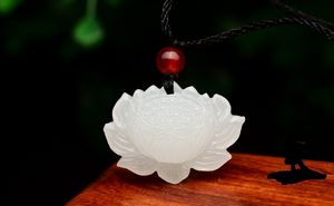 Pingente de jade branco natural lotus (santo) pingente de colar de amuleto da sorte