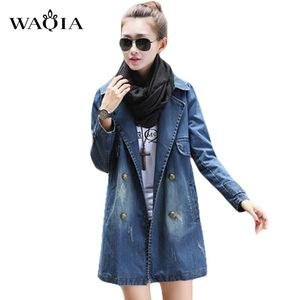 Wholesale- Long Jean jacket 2017 Fashion Spring Women's Clothing Double Breasted coat Denim Jacket Long Loose Holes Women Jacket S-XXXL