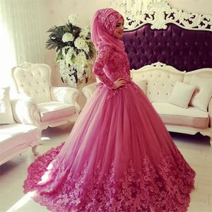 De Novia Vestidos Hijab al por mayor-Vestidos de novia musulmán Mangas largas Cuello alto Cordillo Applique Vestido de novia islámico Vintage Dubai Vestidos nupciales con hijab