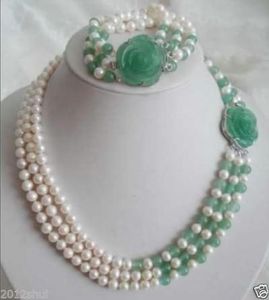 Белый пресноводный жемчуг натуральный зеленый нефрит ожерелье браслет набор