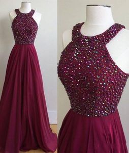 2017 New Cheap Sexy Grape Prom Dresses Crysta Beaded Jewel Neck Sleeveless Chiffon Long Sweep Train Plus Size Evening Dress Party Gowns