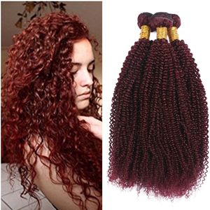 Burgundy 99J Kinky Curly Hair Weaves 3Pcs Malaysian Human Hair Bundles 99J Afro Kinky Curly Hair Extensions Wefts New Arrive