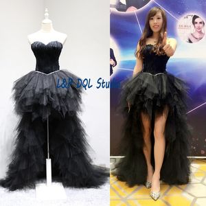 Real Pictures Prom Dress Black Feathers Ball Gown Hi Lo Evening Dresses Quinceanera Dresses High Waist with Beading Sequins