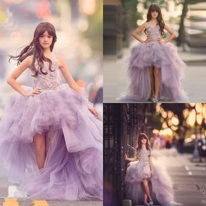 かわいいラベンダーhi lo with with itupliques tulle puffy flower girls for girl pageantドレス329 329