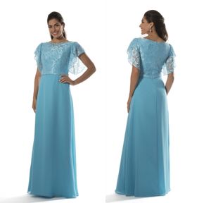 Niebieskie Długie Skromne sukienki Druhna z tulei trzepotliwej Klejnot koronki Szyfonowa A-Line Evening Maids of Honor Dress New Country