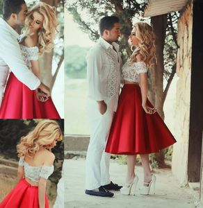 Classy Red White Lace Two Piece Prom Dresses Sexy Off The Shoulder Tea Length Short Prom Gowns Taffeta Formal Evening Party Dresses Vestios