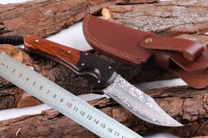 Wholesale damascus steel fixed blade sheath knife resale online - Top Quality Damascus Steel Survival Straight Hunting Knife HRC Rosewood Ebony Handle Fixed Blade Knives with Leather Sheath