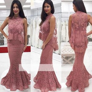 Abaya Dubai Dusty Rosa High Neck Full Lace Ärmlös Aftonklänningar med Cape Elegant Prom Party Celebrity Gowns