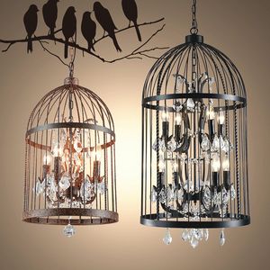 Pendant Lamps Loft Vintage American Rural creative chandelier clothing store restaurant iron pendant light crystal decorate birdcage lamp