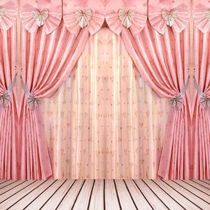 Pink Curtain Wedding Photography Background Wooden Boards Floor Princess Stage Party Photo Shoot Backdrop Children Kids Studio Backgrounds