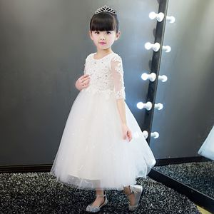 Elegante abito da sposa in pizzo bianco da ragazza di fiori con applicazioni di paillettes, abito da principessa in tulle, abito da prima comunione a mezza manica