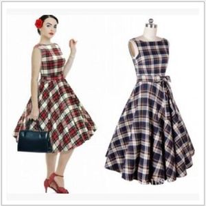 In magazzino A buon mercato 2017 Vendita calda Audrey Hepburn 1950 Rockabilly Abiti casual Ball Gown Vintage Plaid Style Slim Lunghezza al ginocchio Abiti da donna