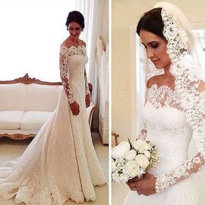 2019 Lace Wedding Dresses Off Shoulder Applique A Line Long Sleeves Vintage Bridal Gowns With Buttons Back Bridal Dresses